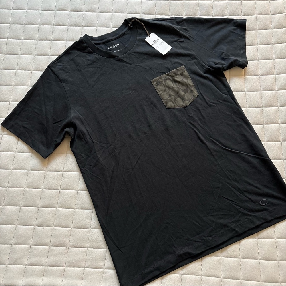 Coach Men’s Black Essential T-Shirt with Brown Signature Pocket